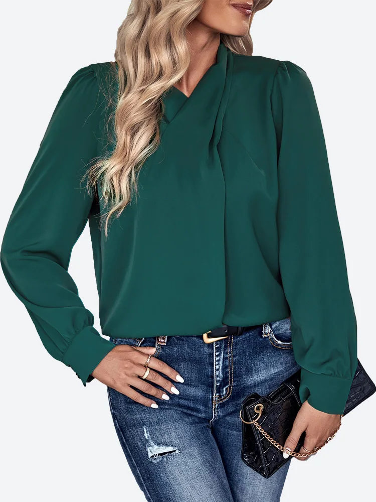 

Benuynffy Women Cross-over Collar Keyhole Back Blouse Fashion 2023 Spring Fall Long Sleeve Elegant Office Work Shirts Tops
