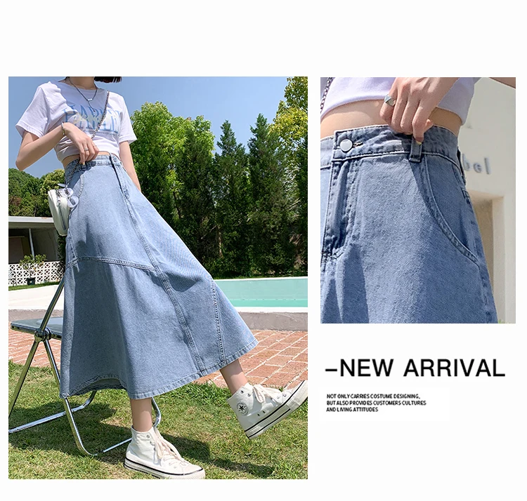 TIGENA מזדמן ג 'ינס חצאית נשים 2022 חדש קוריאני פשוט סגנון כל התאמה קו גבוהה מותן Midi ארוך ג' ינס חצאית נשי כיס