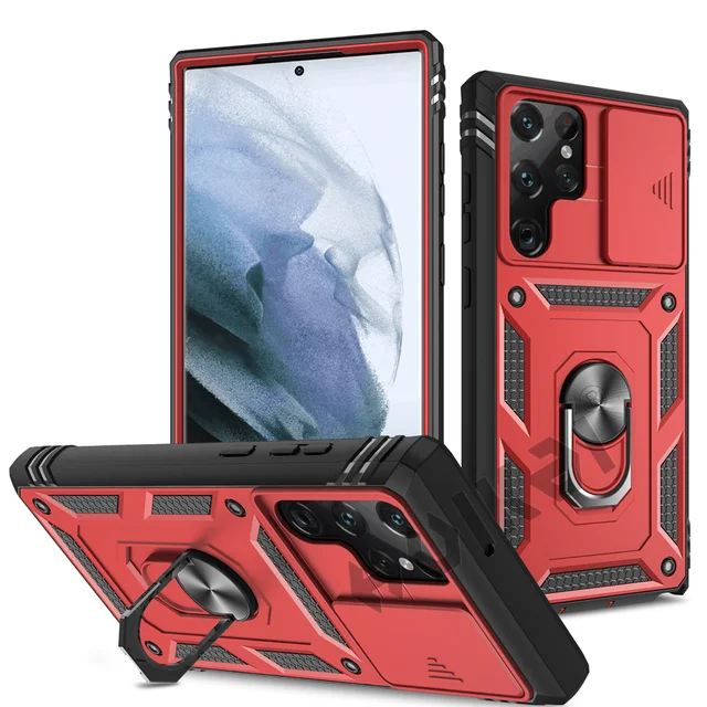 HUIKAI Case For Samsung S22 S21 FE Ultra Plus A52 A51 A32 5G Heavy Duty with Camera 360 Degree Rotate Kickstand Shockproof Cover Red