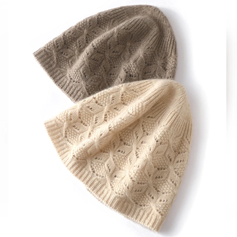 100% Merio Wool Fashion Beanies for Women Autumn Winter Fashion Hollow Out Soft Warm Wollen Skullies Cap Luxury Cashmere Bonnet 3