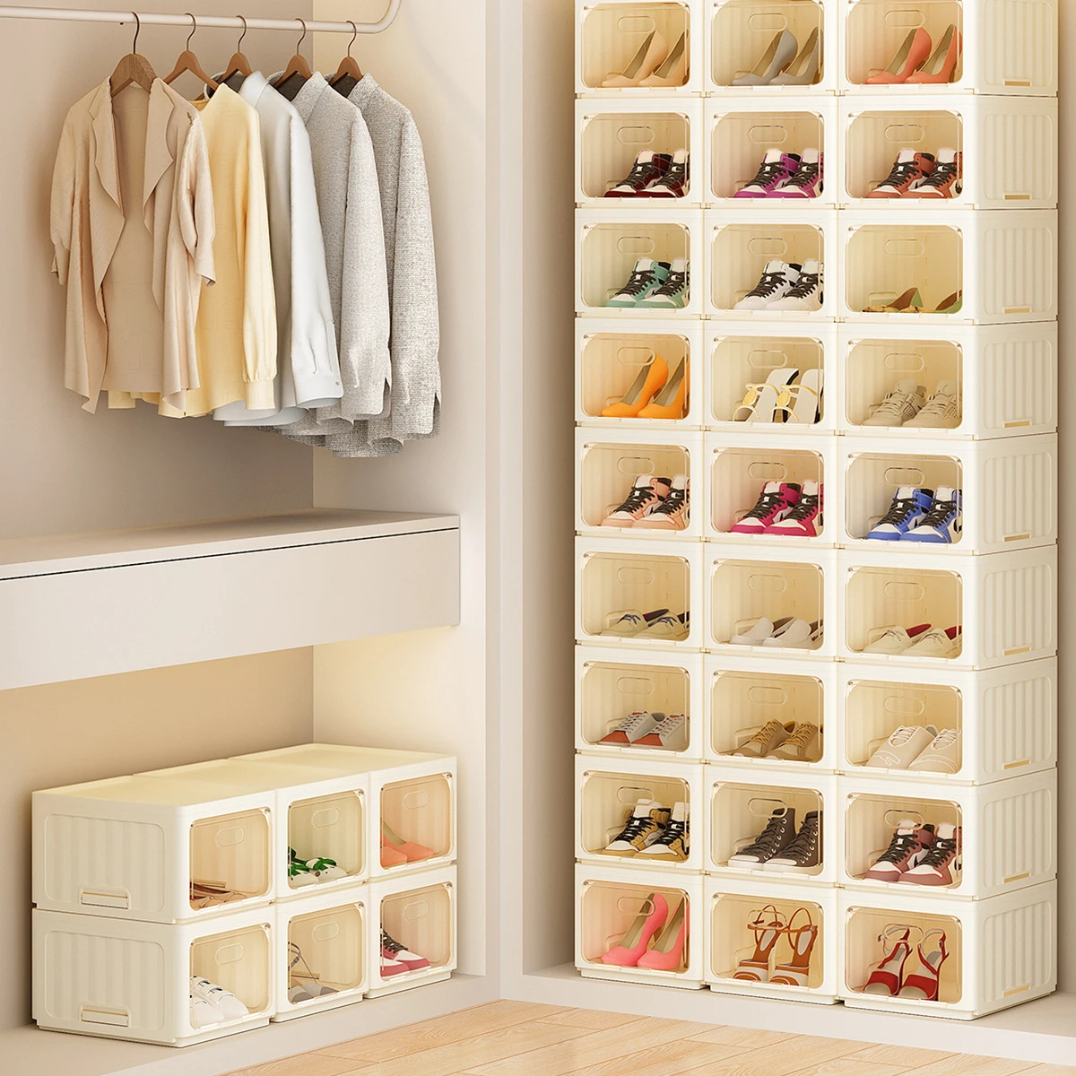 WORTHBUY Foldable Shoe Rack Plastic Collapsible Storage Box Stackable Foldable Shoe Box With Lid Multifunctional Organizer