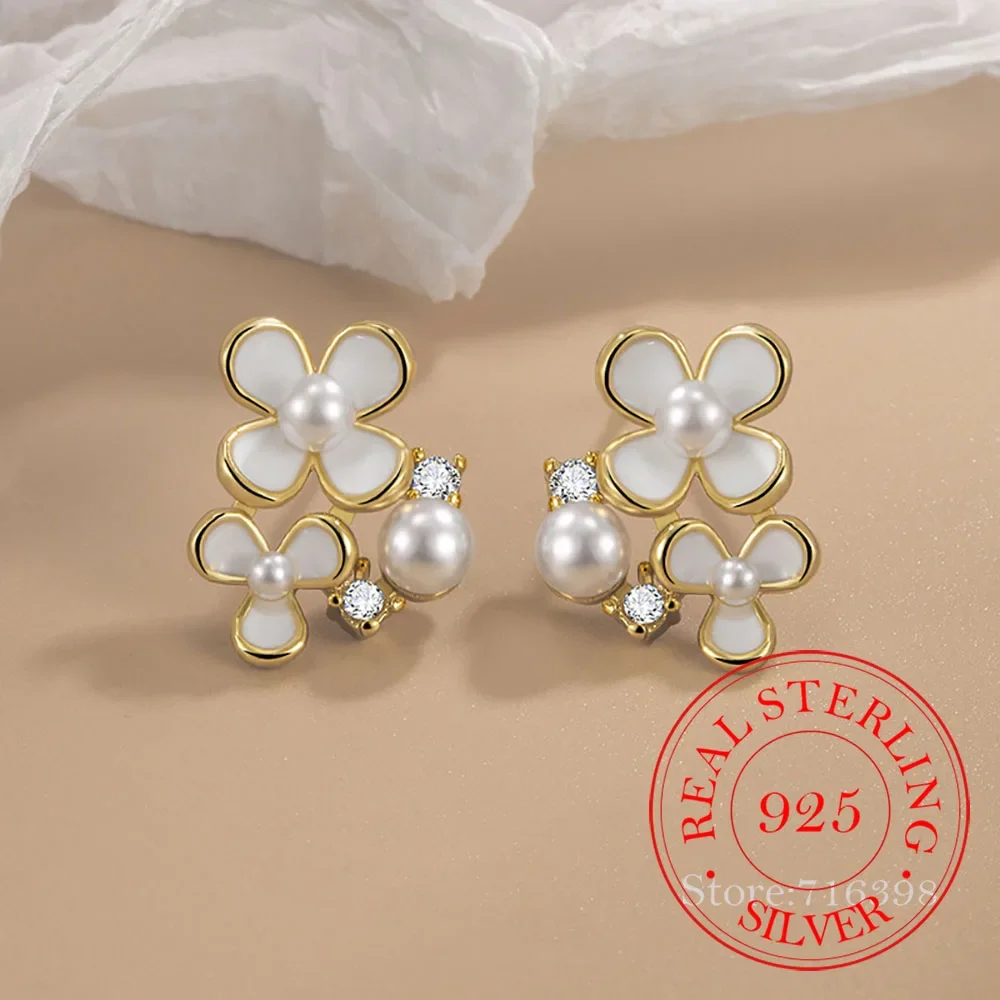 

925 Sterling Silver Cute Pearl Flower Stud Earrings For Woman Wedding Engagement Fashion Charm Piercing Jewelry Aretes De Mujer