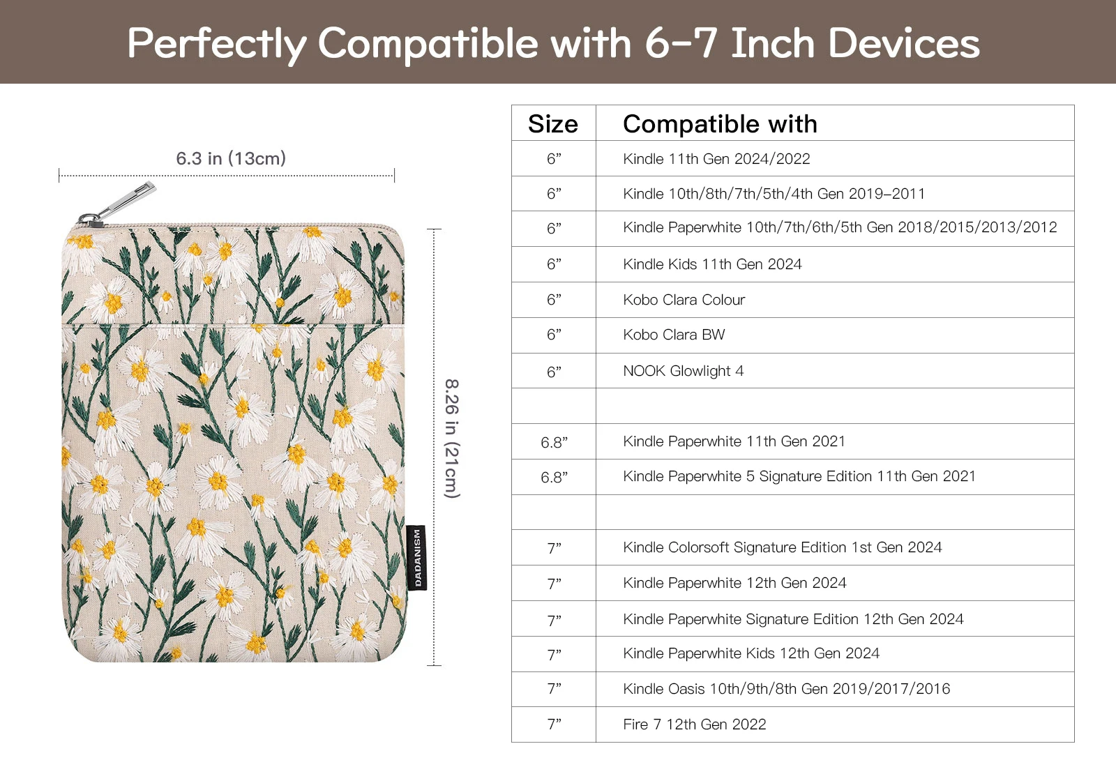 Daisy Flower Embroidered E-Reader Sleeve - Protective Carrying Case