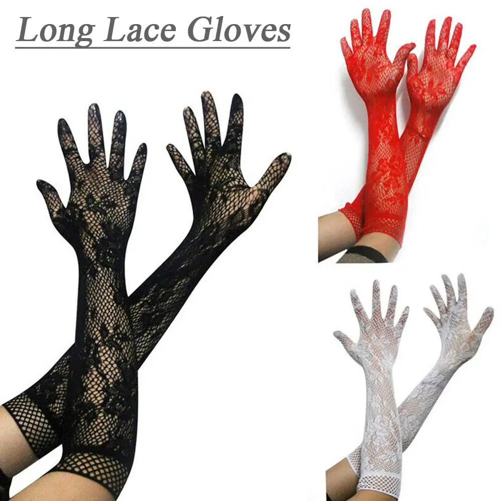 

A Pair of Ladies Stretchy Mesh Floral Fancy Dress Lace Gloves Gothic Punk Mittens Christmas Halloween Gloves