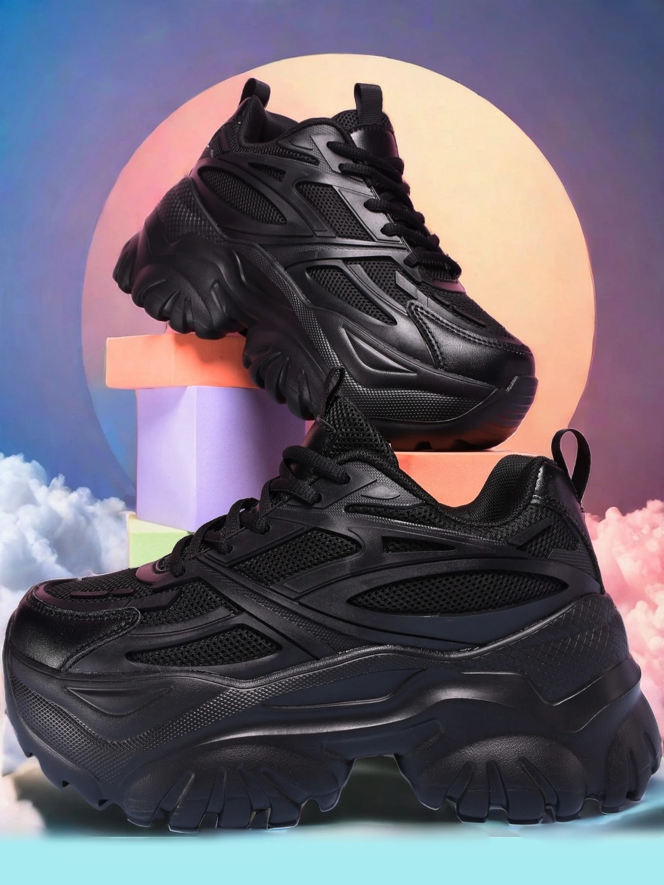 Women's four seasons outdoor sneakers Summer breathable black sandals lightweight platform high heels for women - Image 3