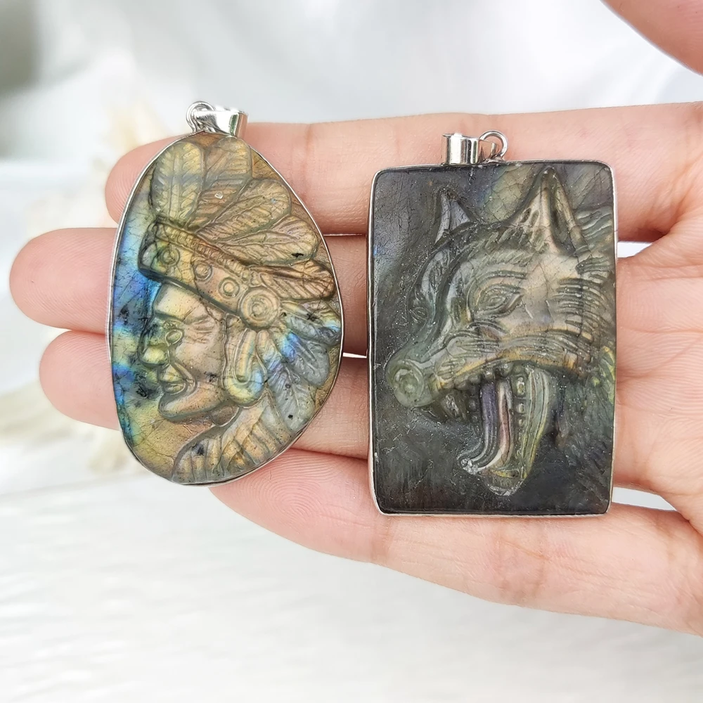 Hand carved natural crystal stone labradorite Dragon Wolf healing Pendant for necklace DIY Accessories 5