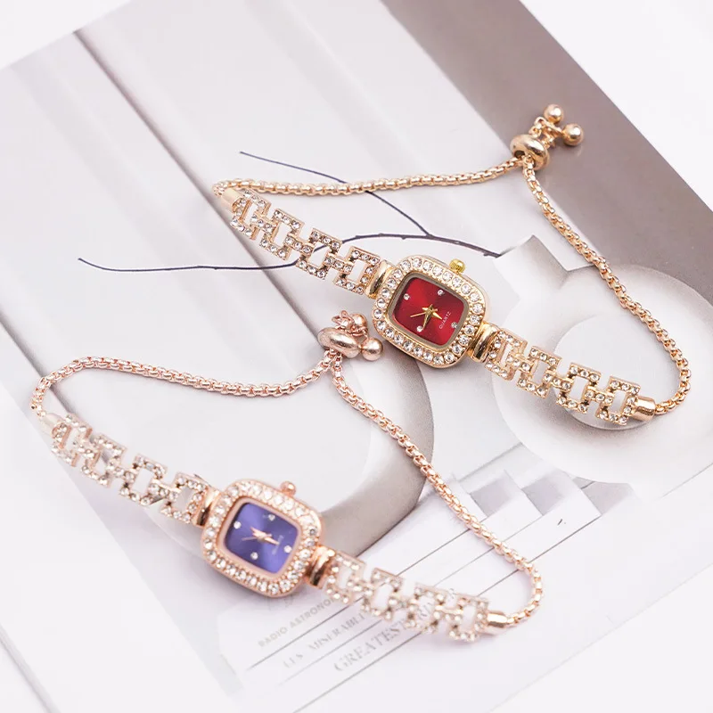Cross-border new small square bracelet pull women's watch free adjustment square chain diamond set small ladies quartz watch