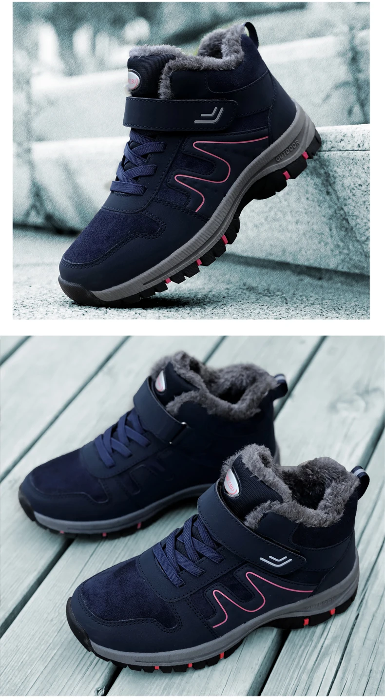 Winter Women Men Boots Plush Leather Waterproof Sneakers Climbing Shoes Unisex Outdoor Non-slip Warm Hiking Ankle Boot Man