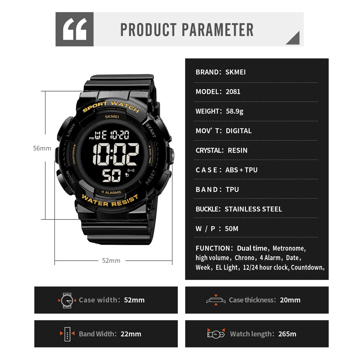 SKMEI 2081 Fashion Sport Watch For Men Military Electronic Wristwatch 2Time Stopwatch Waterproof Male Clock Relogio Masculino