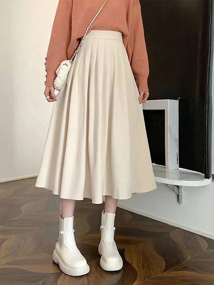 

Fashion High Waist Pleated Skirt Women Korean Elegant College Style Midi Skirt Ladies Autumn Winter Thick A-line Skirts