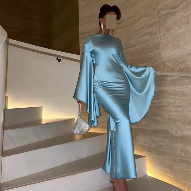 Arabic Light Blue Mermaid Evening Dress with Flare Long Sleeves Criss Cross Dubai Women Wedding Party Gowns F027 1