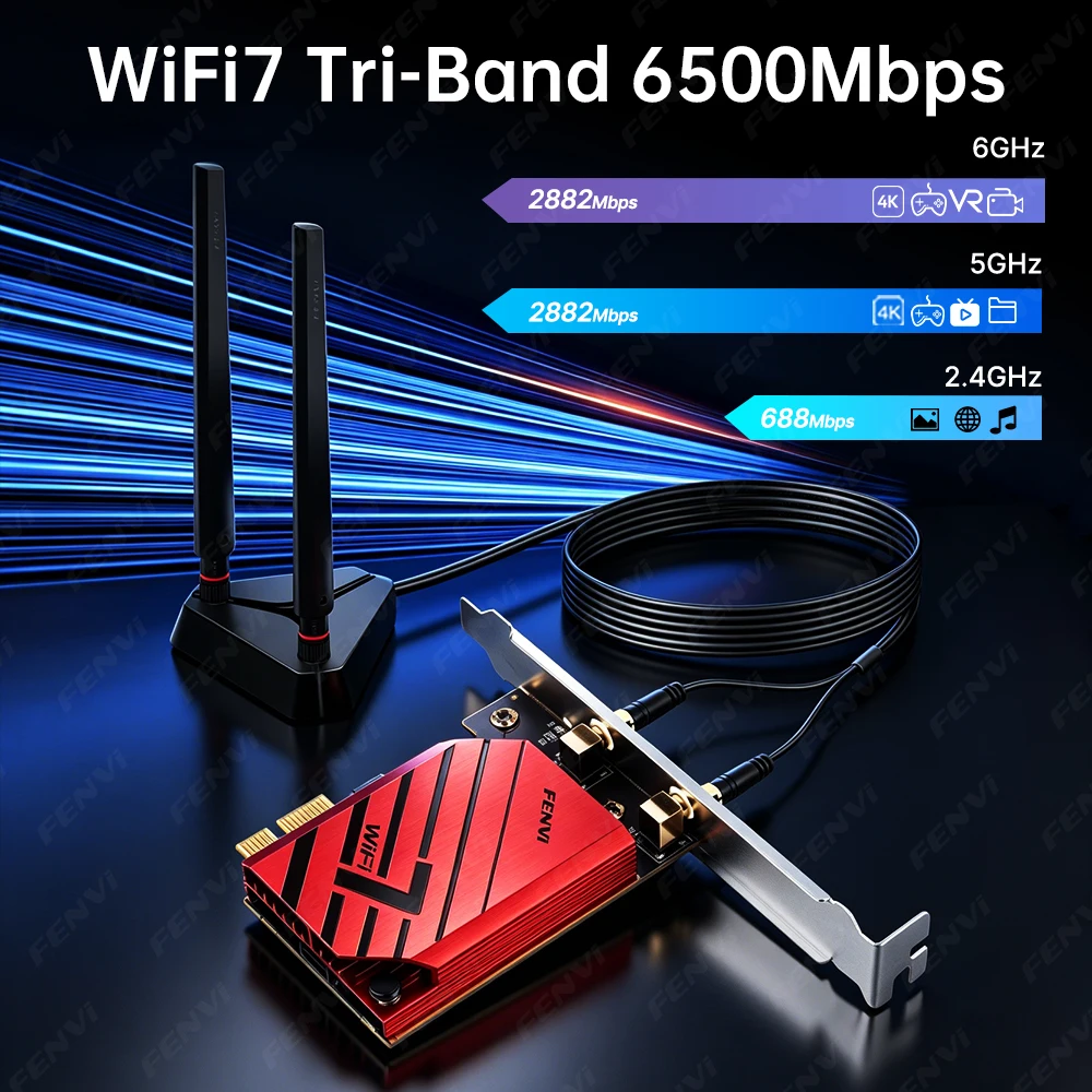 FENVI WiFi 7 BE6500 PCIE 무선 어댑터 BT5.4 트라이 밴드 6500Mbps 2.4G/5G/6Ghz WiFi7 MT7925 네트워크 어댑터 AMD PC Win 10/11용