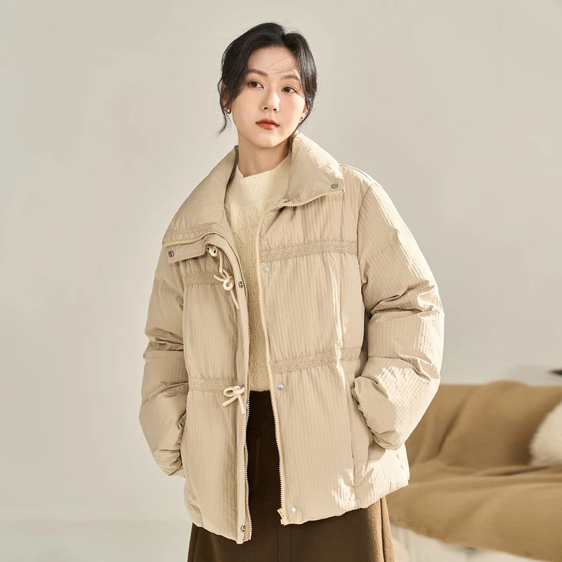 INMAN Women Down Jacket Winter Long Sleeve Stand Collar White Duck Down Coat Bow Decoration Elastic Cuff Casual Khaki Outwear