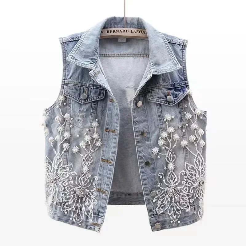 Fashion Lace Beaded Denim Vest Women Cardigan 2024 New Spring  Sleeveless Jacket Fashion Loose Vintage Jeans Waistcoat Tide