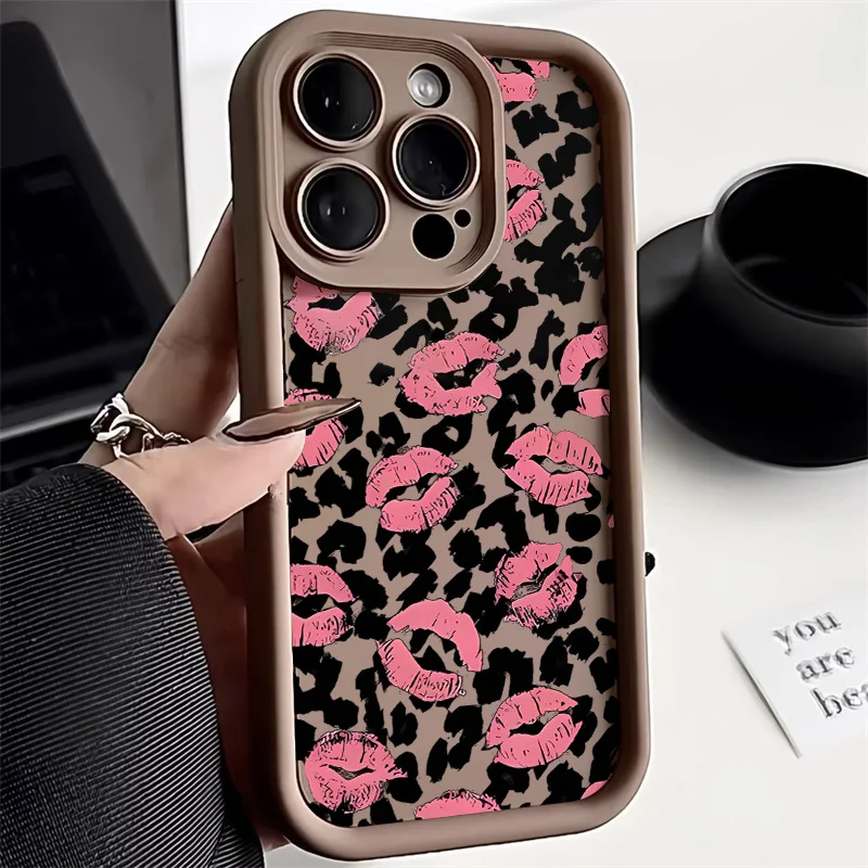 Kawaii Pink Lip Leopard Silicone Protective Painted Phone Case