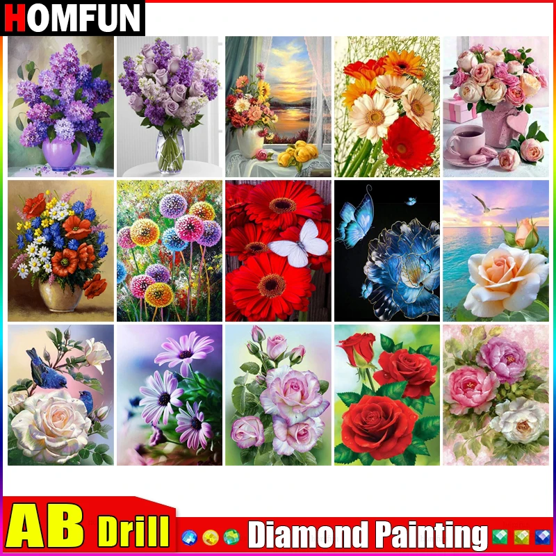 

HOMFUN AB Diamond Painting Cross Stitch Pattern 5D Diamond Embroidery "Flower Rose Chrysanthemums" Home Decor DIY diamond Art
