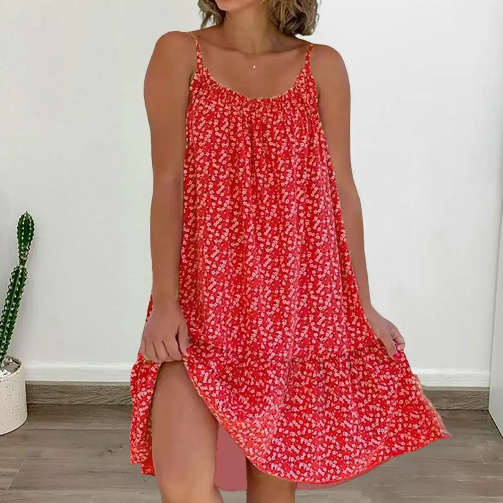 

Loose Dress Tropical Floral Print Vacation Dress for Women Knee Length Beach Dress with A-line Silhouette U Neckline for Ladies