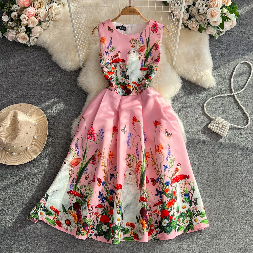 

JSXDHK High Quality Summer Pink Flower Dress Vintage Women O Neck Sleeveless Tank Printing Slim Waist Ladies Ball Gown Vestidos