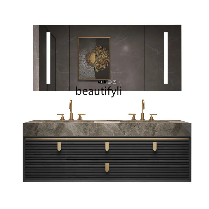 

Minimalist Bathroom Cabinet Oak Solid Wood Light Luxury Bathroom Cabinet Bathroom Wash Basin Stone Plate Washstand Combination
