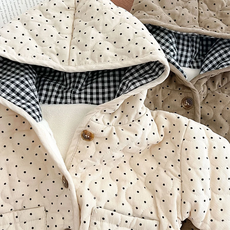 6M-3Y Children's Dot Jacket Baby Boys Girls Autumn Winter Corduroy Hooded Coat Infant Cotton-padded Clothes Baby Clothes