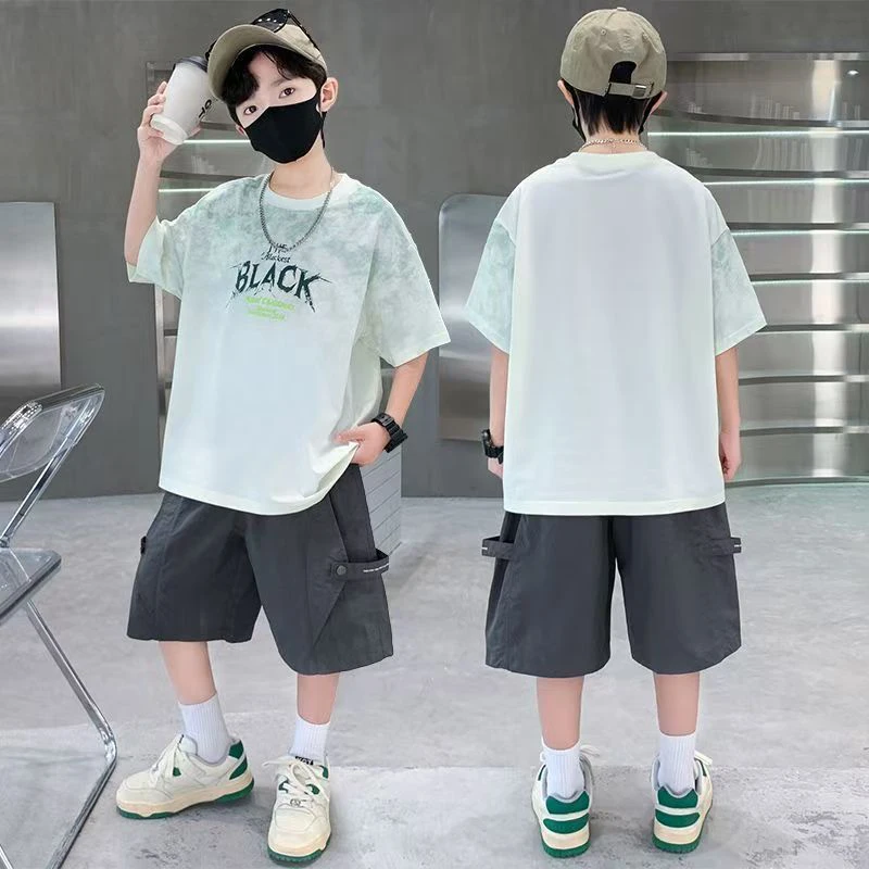 Teen Boys 2 Piece Summer Outfit Tie Dye Crewneck T-Shirt and Casual Cargo Shorts Set Big Kids Fashion Daily Street Outings Wear 1