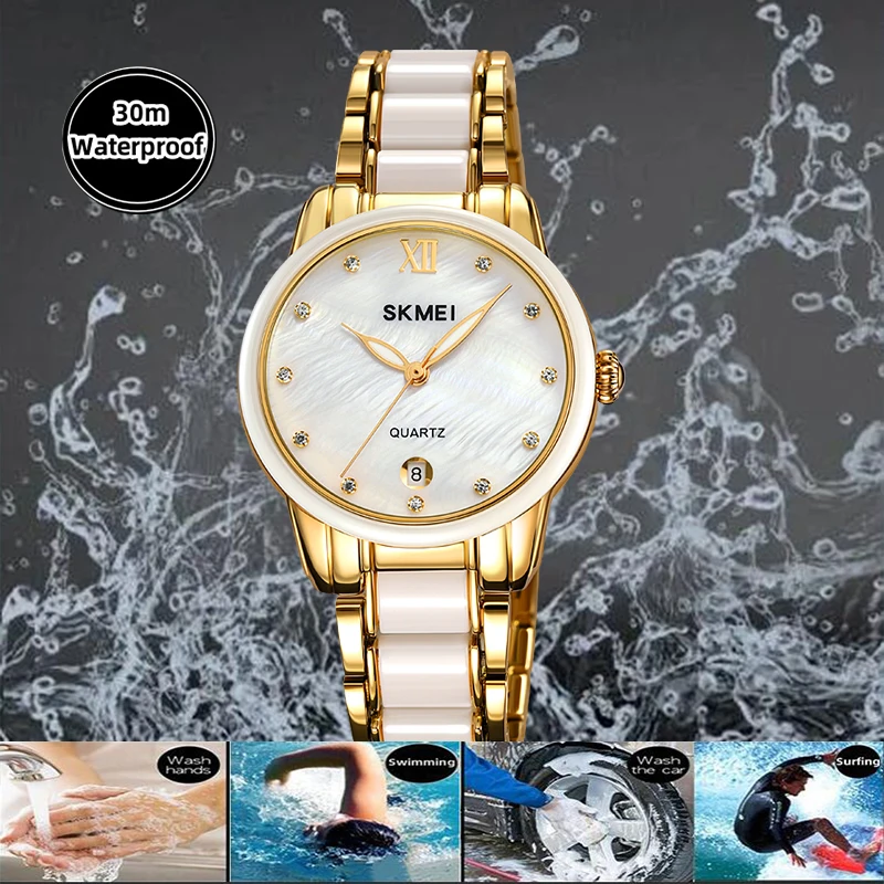 Skmei Womens Quartz Calendar Wristwatch Luxury Rhinestone Dial Zinc Alloy Band Analog Display Female Bracelet Waterproof Watches 4