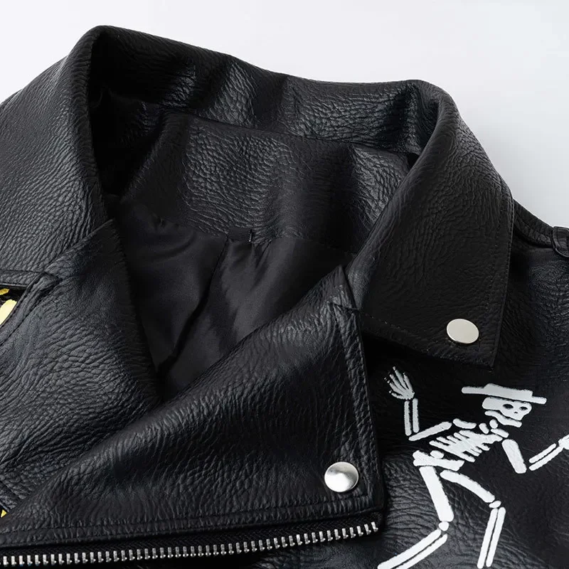 Graffiti Print Motorcycle Jacket for Women's and Men's 2024 Trend Punk Style Streetwear Contrast Black Faux Leather Jackets