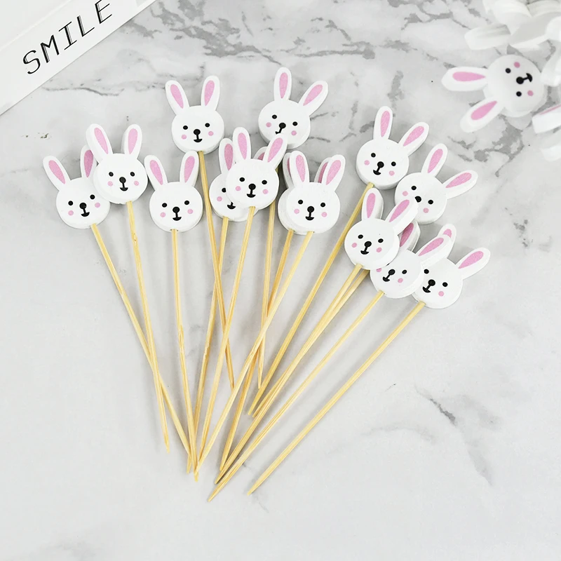 50/100PCS Easter Bamboo Sticks Rabbit Egg Pattern et Cupcake Fruit Snack Fork Happy Easter Party Decoration Birthday Supplie fruit fork,food picks,bamboo sticks