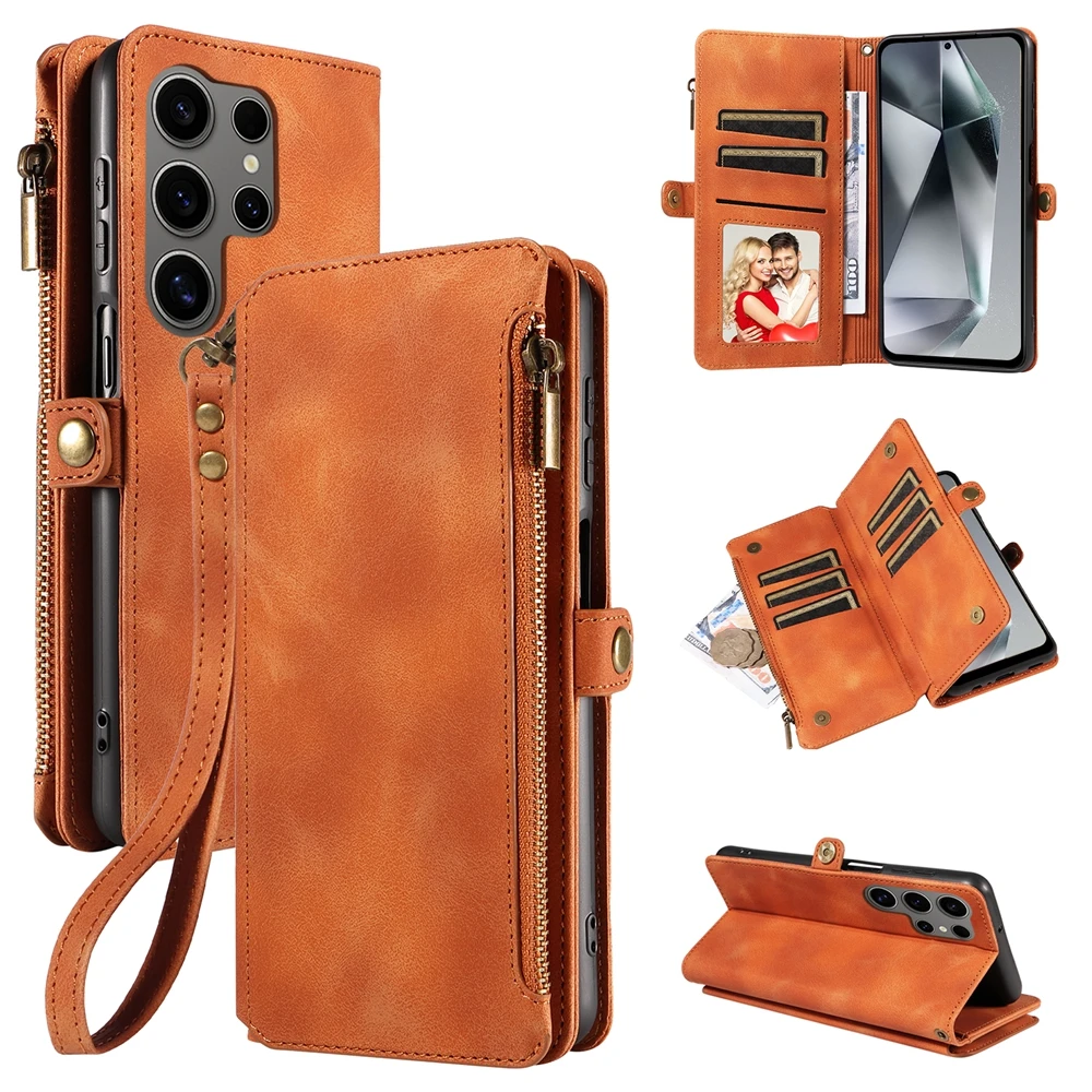 Zipper Flip Leather Wallet Case with Strap - Phone Cover with Card and Cash Holder