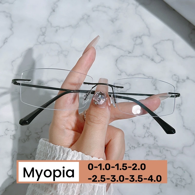 Randlose fertige Myopie-Brille für Damen und Herren, Vintage-Anti-Blaulicht-Brille, trendige Minus-Brille mit Dioptrien 0–1,0–4,0