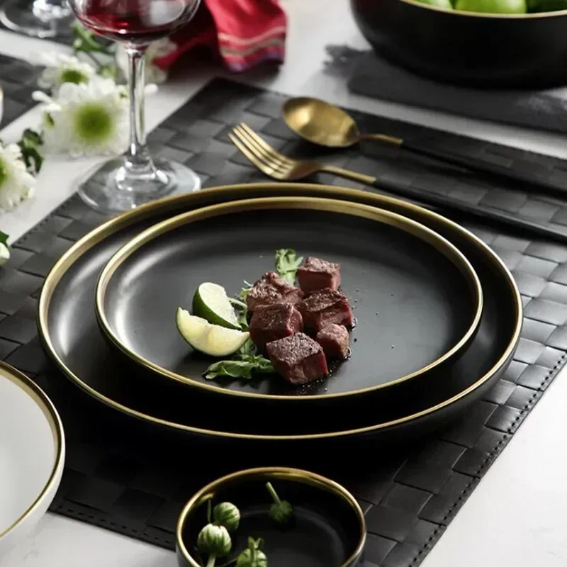 Ceramic Kitchen Plates Gold Sets Inlay Dinner Steak Service Plates Bowls Salad Cake Dish Serving Tray Dessert Tableware
