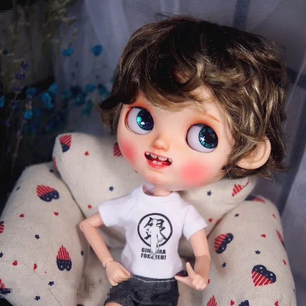 Blythes Doll Wig Fits Into the 1/6 Style Male European Style Curly Hair With Highlights Dark Brown Mixed Light Imitation Mohair