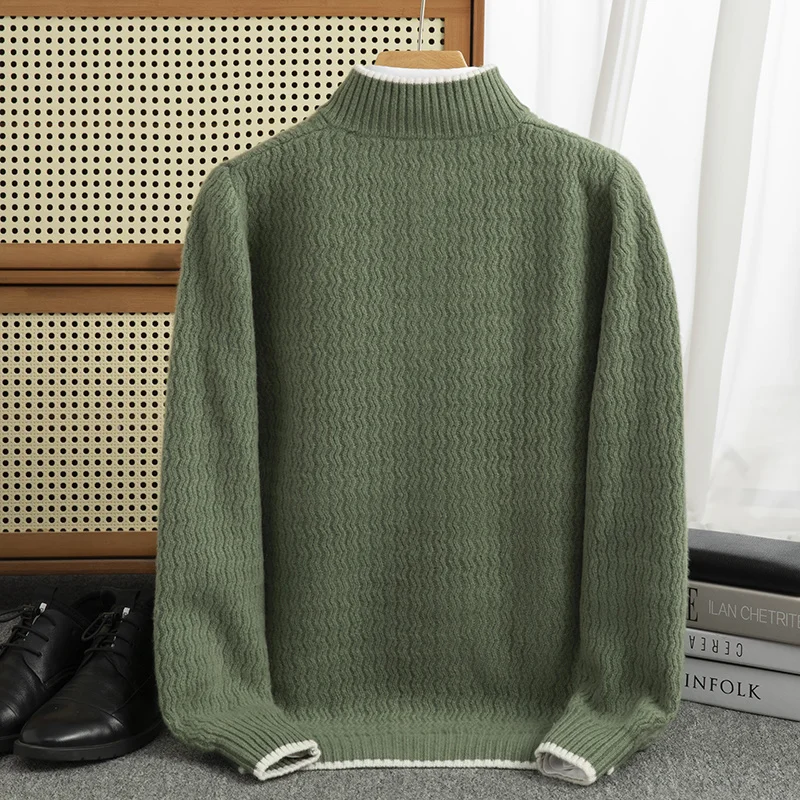 Contrast color Half zip Autumn/winter new 100% Merino wool cashmere sweater men's half turtleneck pullover warm bottom knitshirt 2