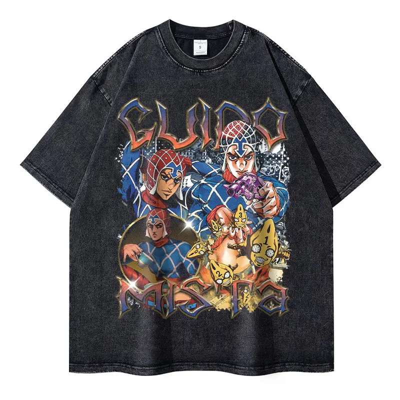 Vintage Washed JoJo's Steel Ball Run Streetwear T-Shirt - Anime Manga Gyro Zeppeli Design in Cotton