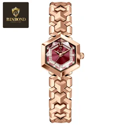 BINBOND Elegant Women's Quartz Watch with Rhombus Mirror and Luminous Diamond Dial (Rose Red)