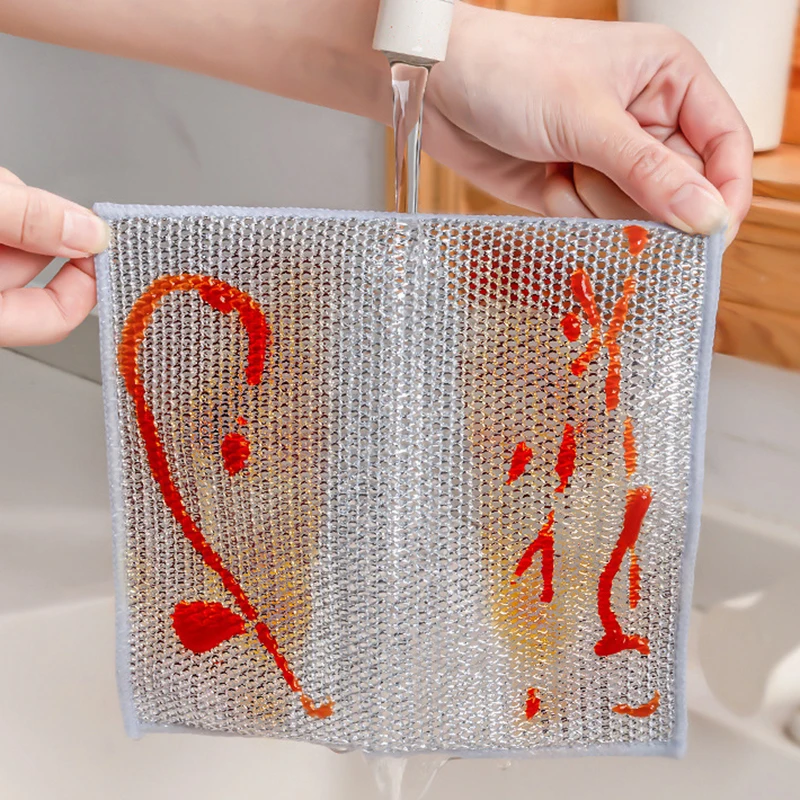 20/5PCS Magic Dishcloth Steel Silver Wire Cleaning Cloth Non-Scratch Dishrag Stain Microfiber Mesh Rag Thickened Kitchen Towel