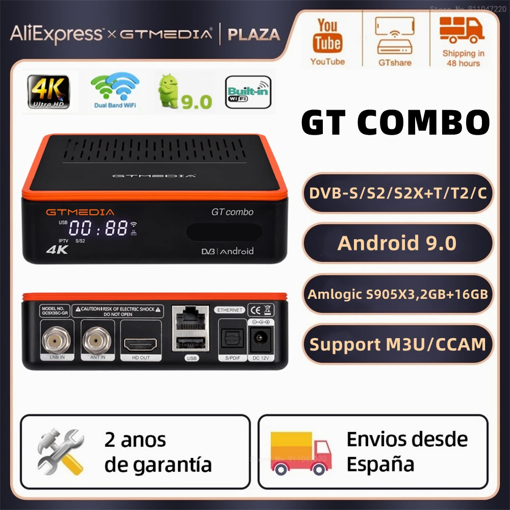 Gtmedia Gt Combo 4K Uhd Tdt Hd Smart Tv Box Android 9.0 + Dvb-S/S2/S2X + T/T2/C,2Gb + 16Gb M3U/Ccam Ricevitore Tv Satellitare Set Top Box