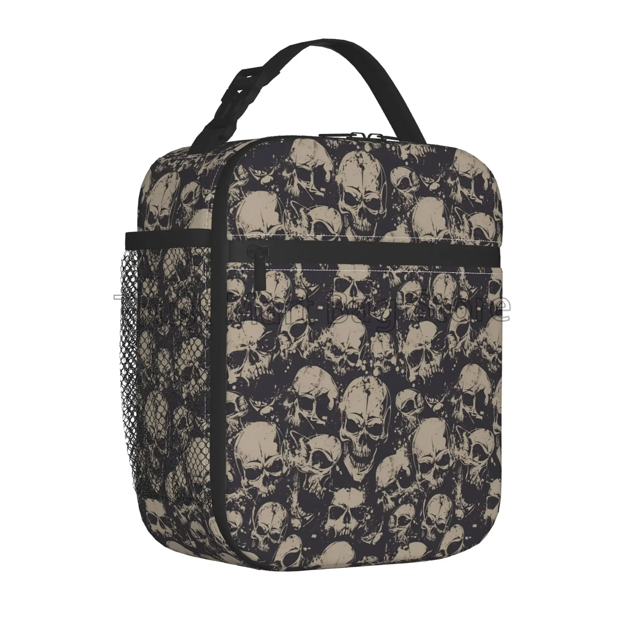 

Grunge Pattern with Skulls Rock Insulated Lunch Bag for Women Men Reusable Waterproof Thermal Bento Tote Bags for Beach Picnic