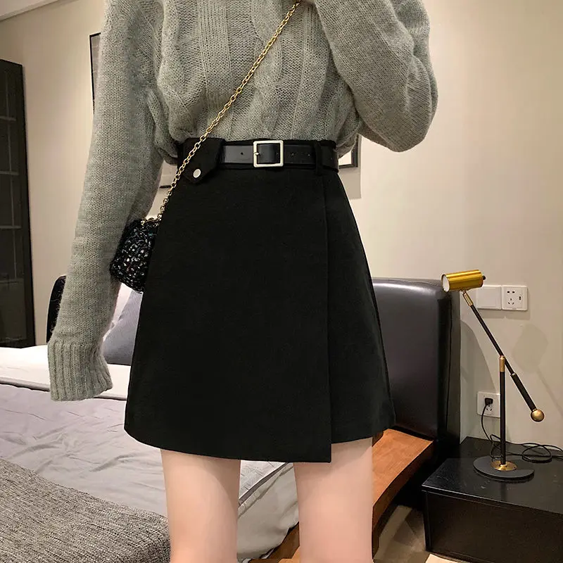 

Women Black Skirt with Belt High Waist A-Line Irregular Short Skirts Girl Korean Fashion Casual Office Lady Commuter Bottom