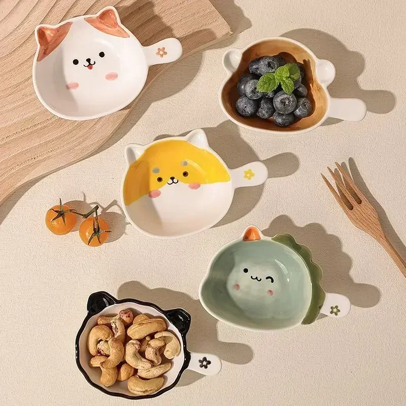 Cute Ceramics Snack Plate Cartoon Animals Saucer Hot Pot Dipping Sauce Dish Handle Dinner Plate Delicate Dessert Snack Plates 2
