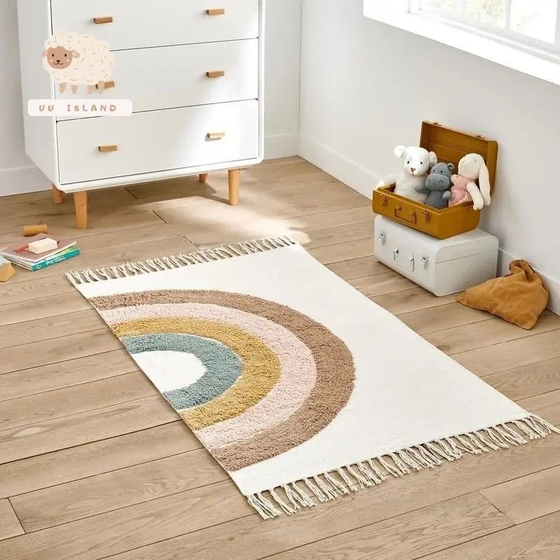 

Rainbow Plush Kids Bedroom Rug Soft Babi Mats Hairy Nursery Play Mat For Children Fluffy Carpet For Living Room With Tassels