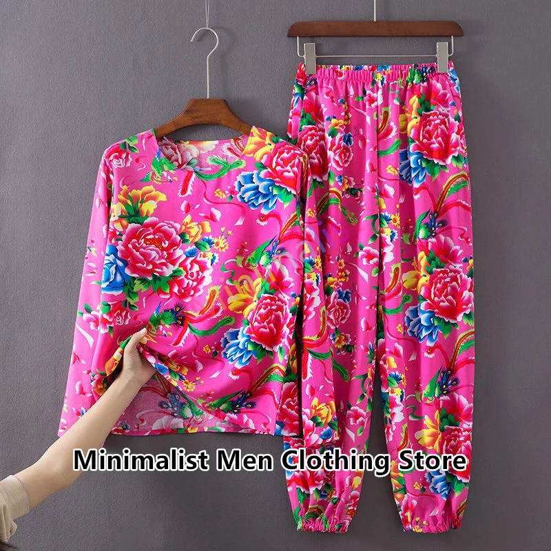 2024 Fashion Men's Tracksuit Set Northeast Large Flower Jogger Sports Casual Long Sleeves T shirts+Long Pants Suit Men Clothing