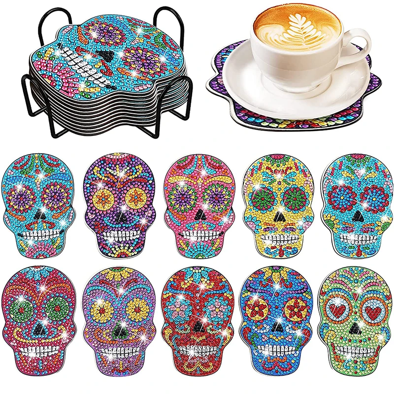 

GATYZTORY 8pc/sets Diamond Painting Coaster With Rack 5D Skull DIY Diamond Mosaic Drink Cup Cushion Table Placemat Crafts Kits