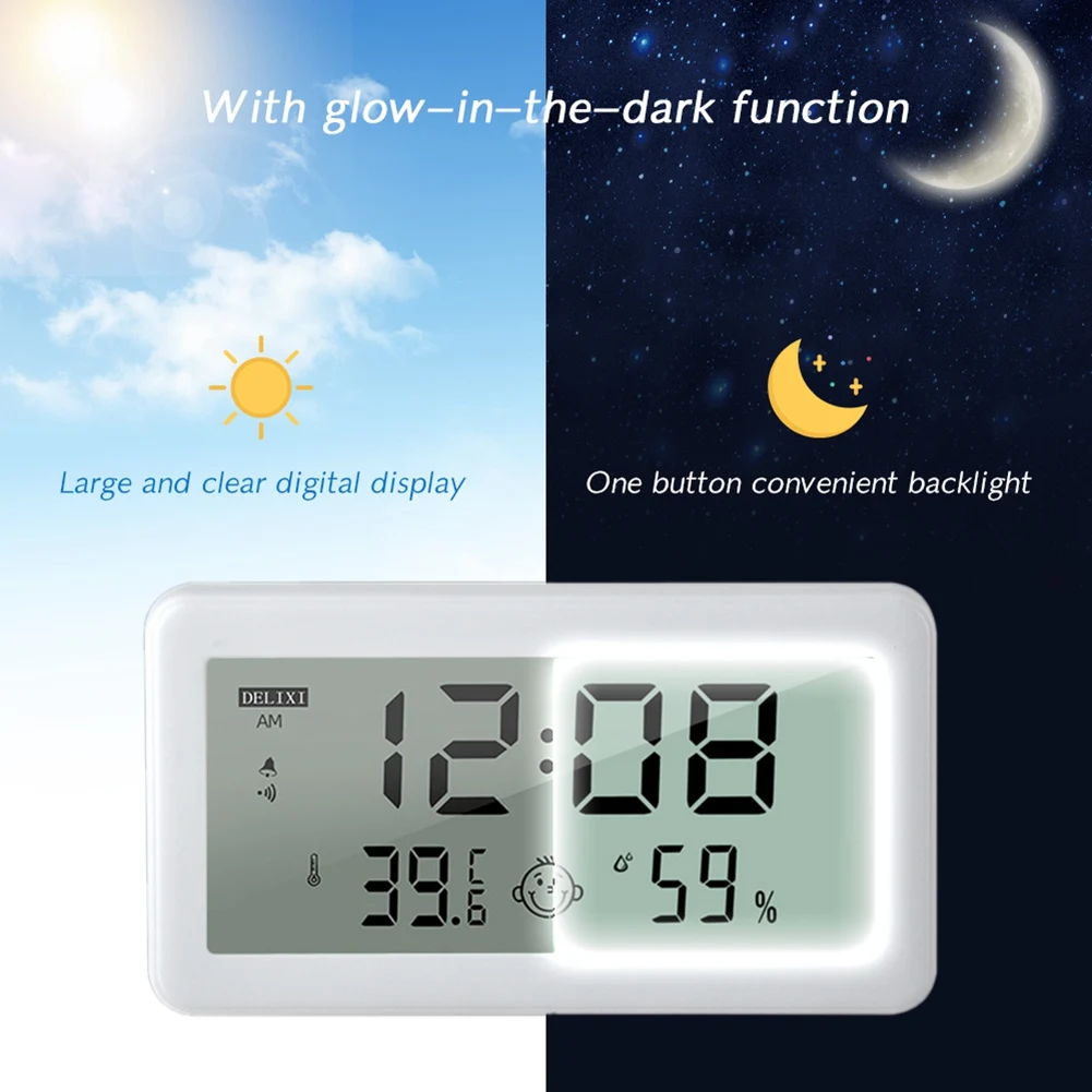 

Digital Backlight Alarm Clock LED Table Watch Electronic Temperature Humidity Meter Desk Clock Bedroom Mute Time Clock