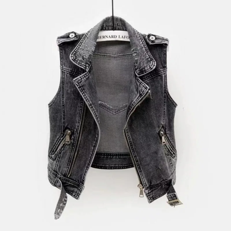 

2023 Fashion Denim Vest Female Spring Autumn Sleeveless Wild Tops Short Tank Jacket Women 5XL Smoky Gray Jean Waistcoat