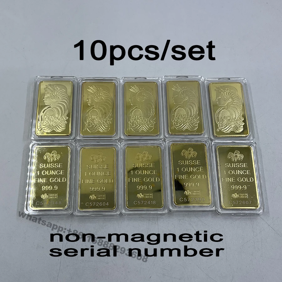 

10pcs 1 oz Gold Bar Silver Bar Switzerland Suisse Lady bullion serial number High Quality non magnetic golden bar for home decor