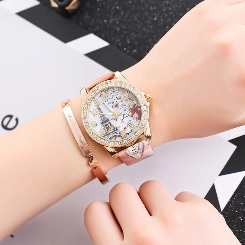 Trendy Women rhinestone Eiffel Tower PU leather quartz Watch 4