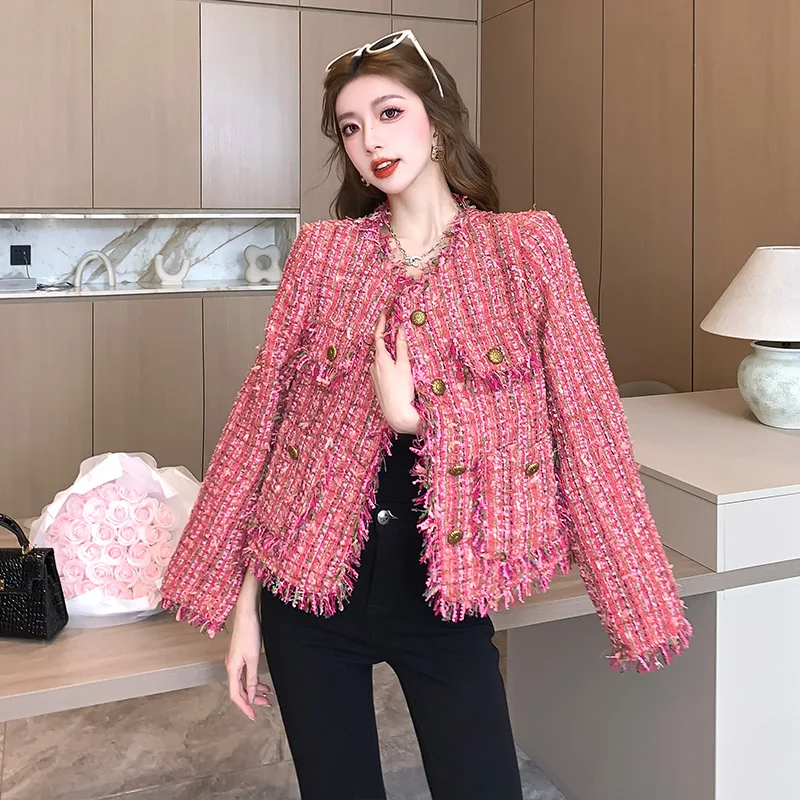 

Runway French Women's Wool Tweed Versatile Tassels Coat Jacket Casual Elegant High-End Outwear Top Casacos Female