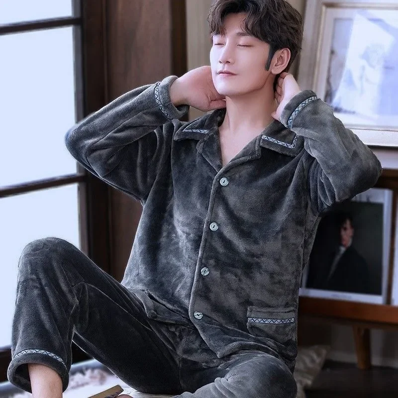 2024 New Men's Coral Velvet Pajamas Autumn Winter Warm Loungewear Thickened Flannel Cardigan Sleepwear Set V-neck Plush Homewear