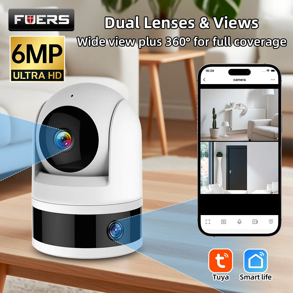 FUERS 3K 6MP Dual Lens Tuya Smart Security Camera Pet Dog Camera Baby ...